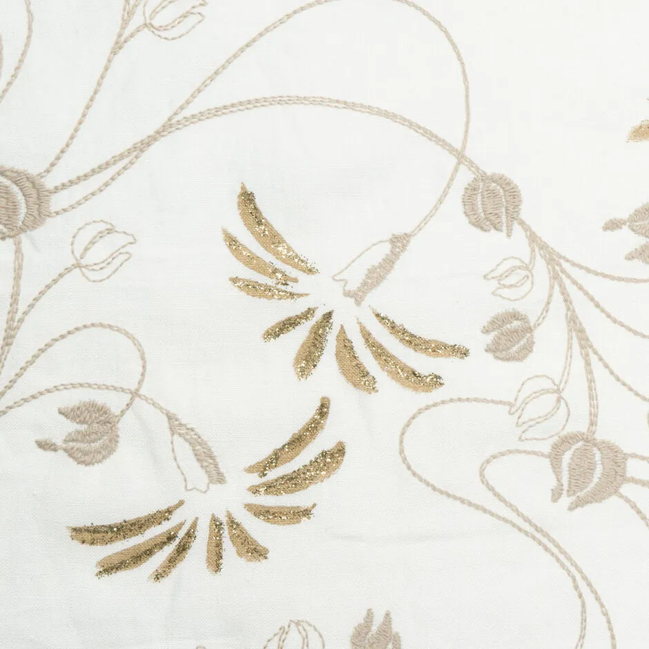 Metallic Floral Embroidered Ivory Pure Linen