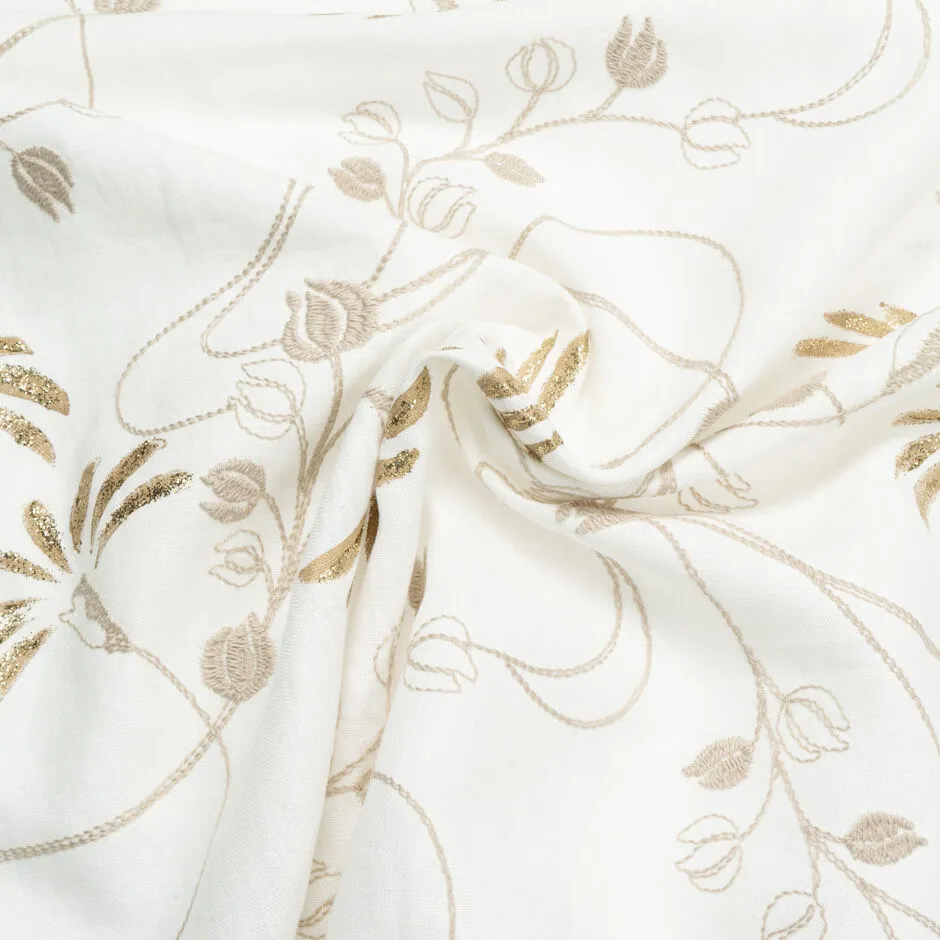 Metallic Floral Embroidered Ivory Pure Linen