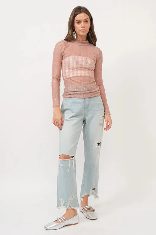 Metallic Star Stripe Mesh Mock Neck Top Rose Gold Pink