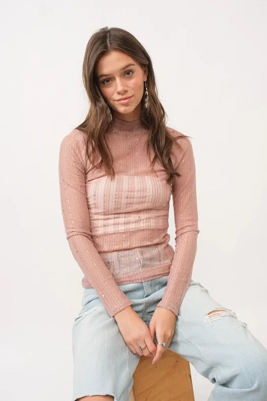 Metallic Star Stripe Mesh Mock Neck Top Rose Gold Pink