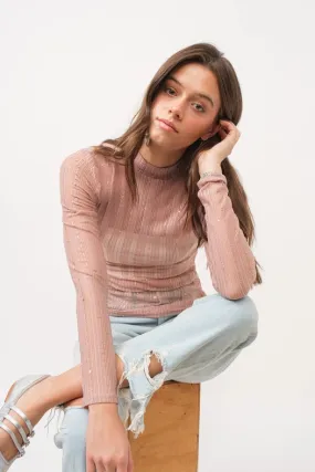 Metallic Star Stripe Mesh Mock Neck Top Rose Gold Pink