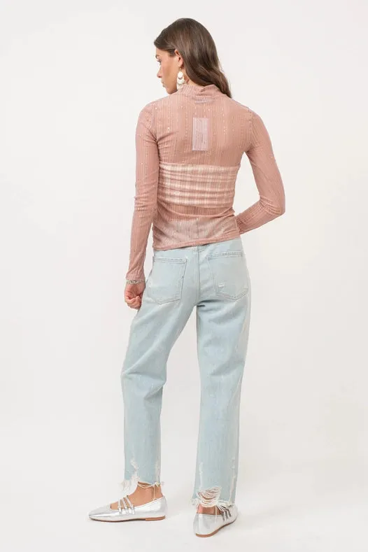 Metallic Star Stripe Mesh Mock Neck Top Rose Gold Pink