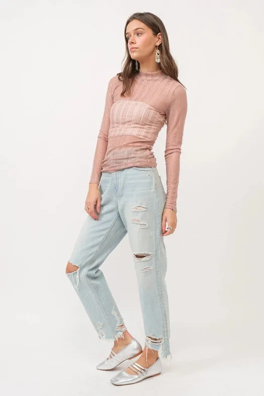 Metallic Star Stripe Mesh Mock Neck Top Rose Gold Pink