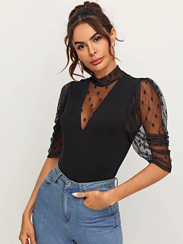 Mock Neck Dot Mesh Solid Top