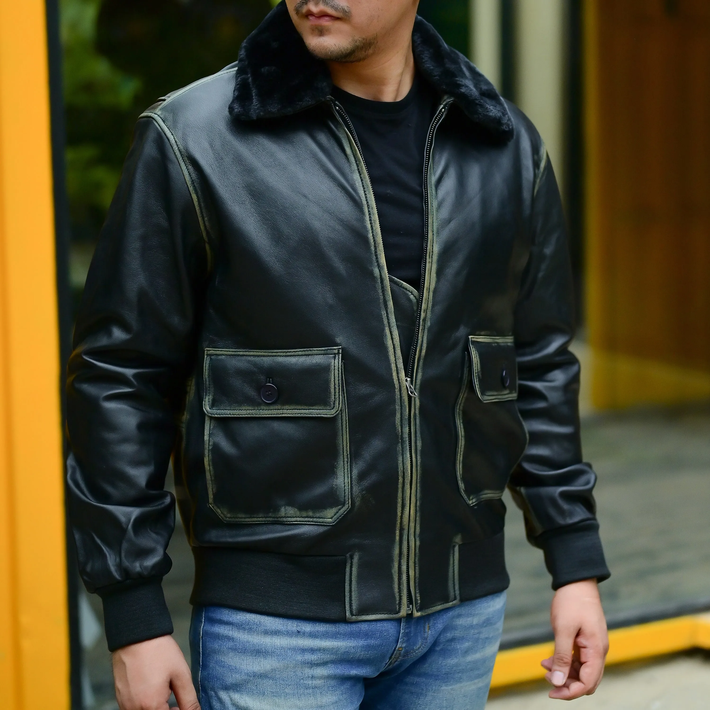 Navy G-1 Real Leather Bomber Jacket Men with Removable Fur Collar