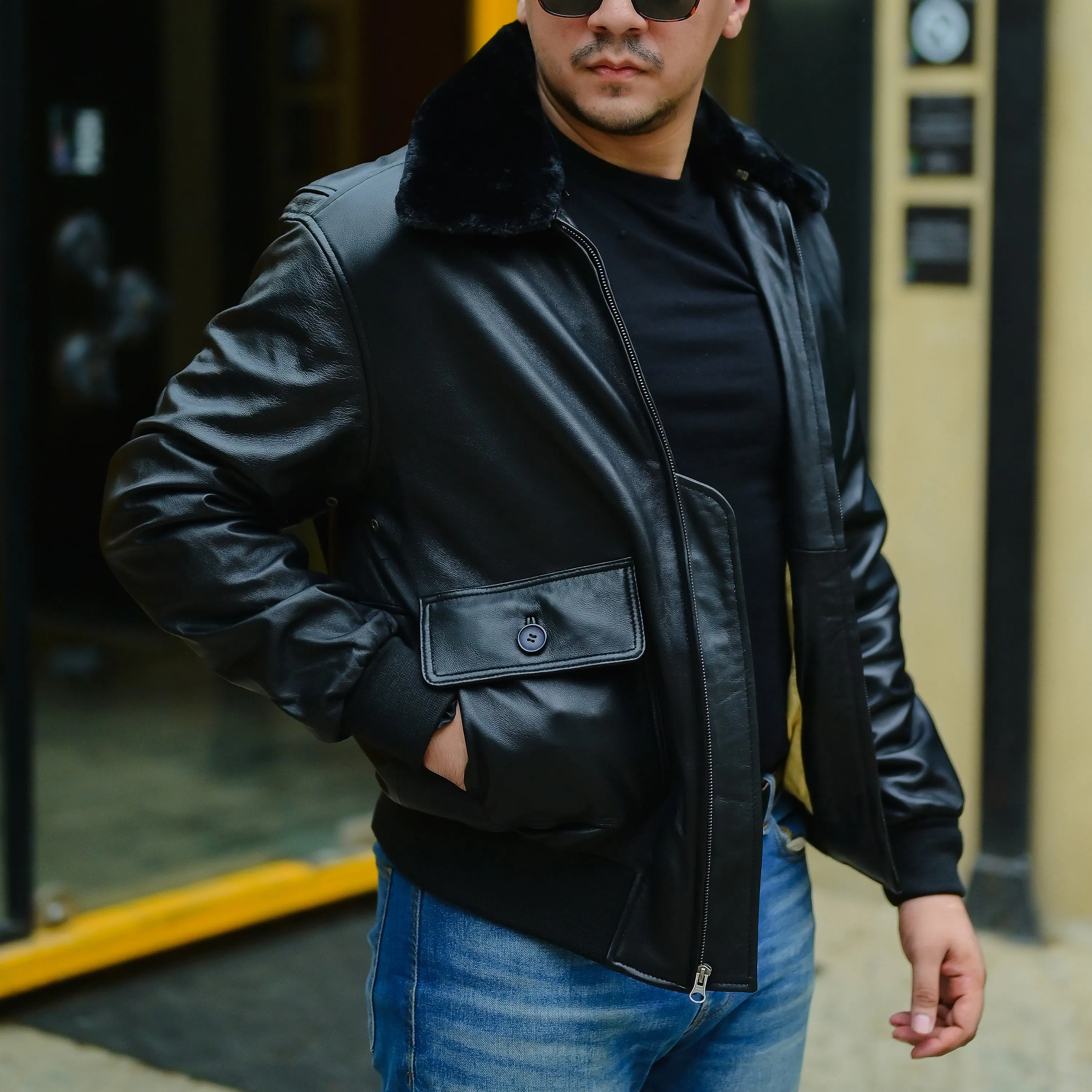 Navy G-1 Real Leather Bomber Jacket Men with Removable Fur Collar