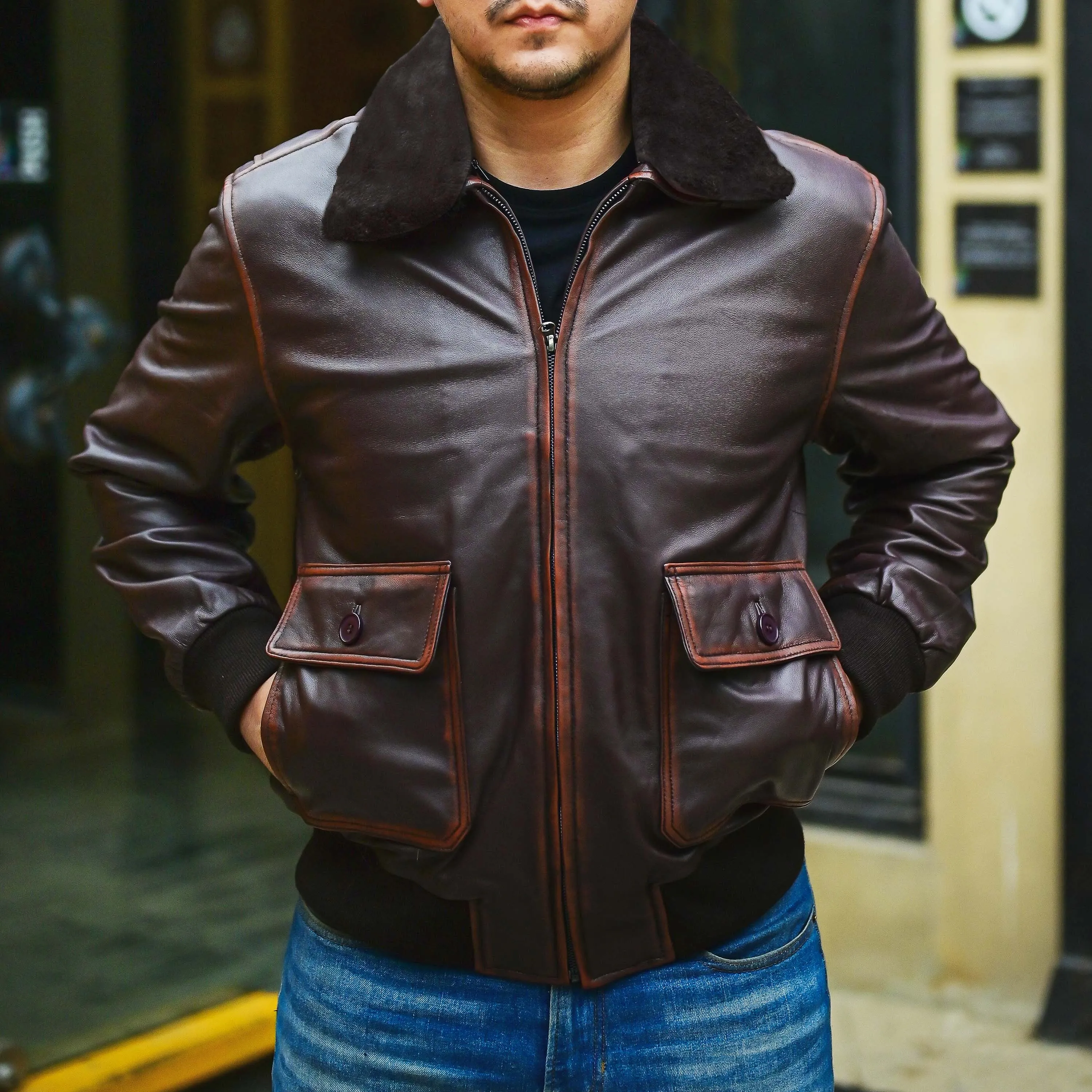 Navy G-1 Real Leather Bomber Jacket Men with Removable Fur Collar