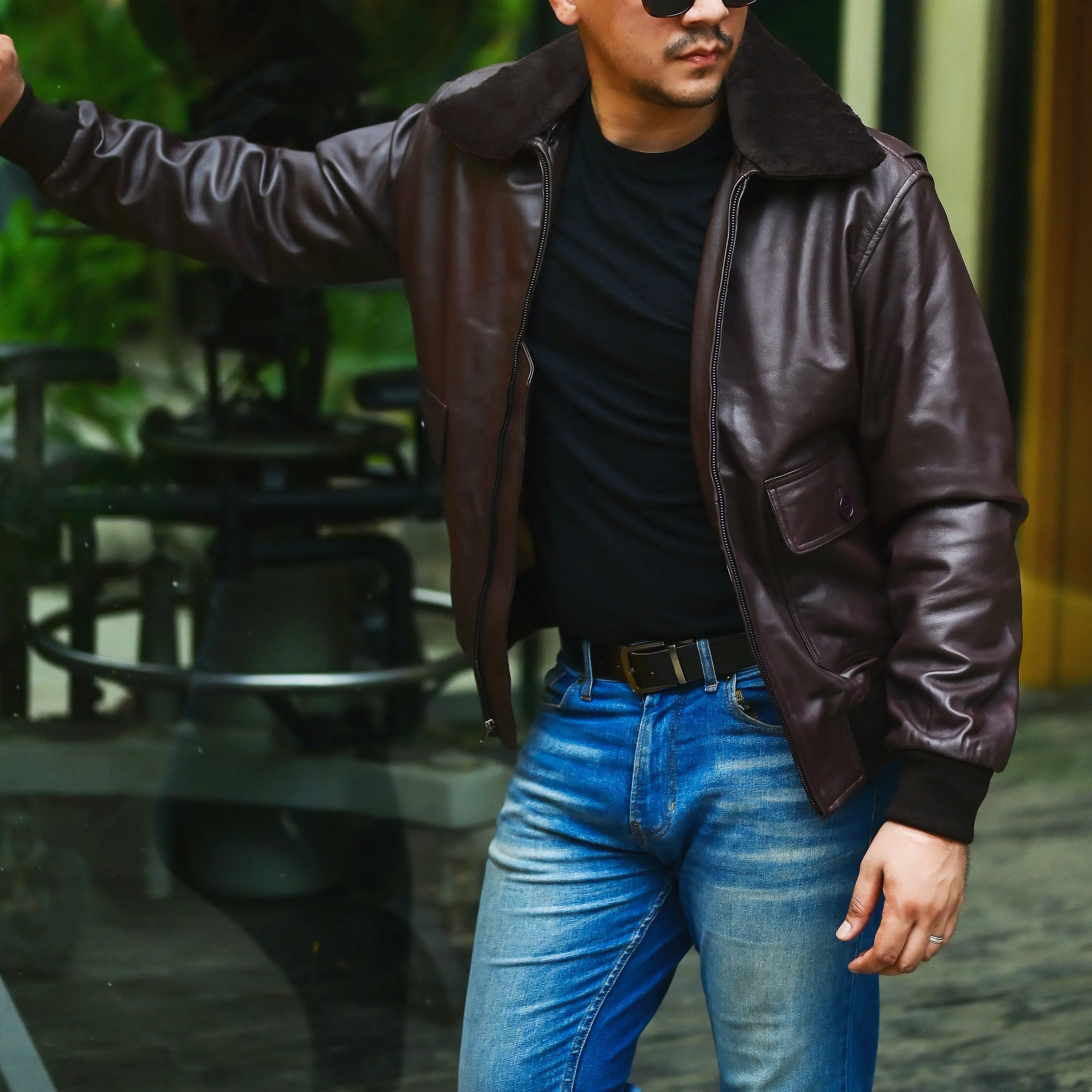 Navy G-1 Real Leather Bomber Jacket Men with Removable Fur Collar