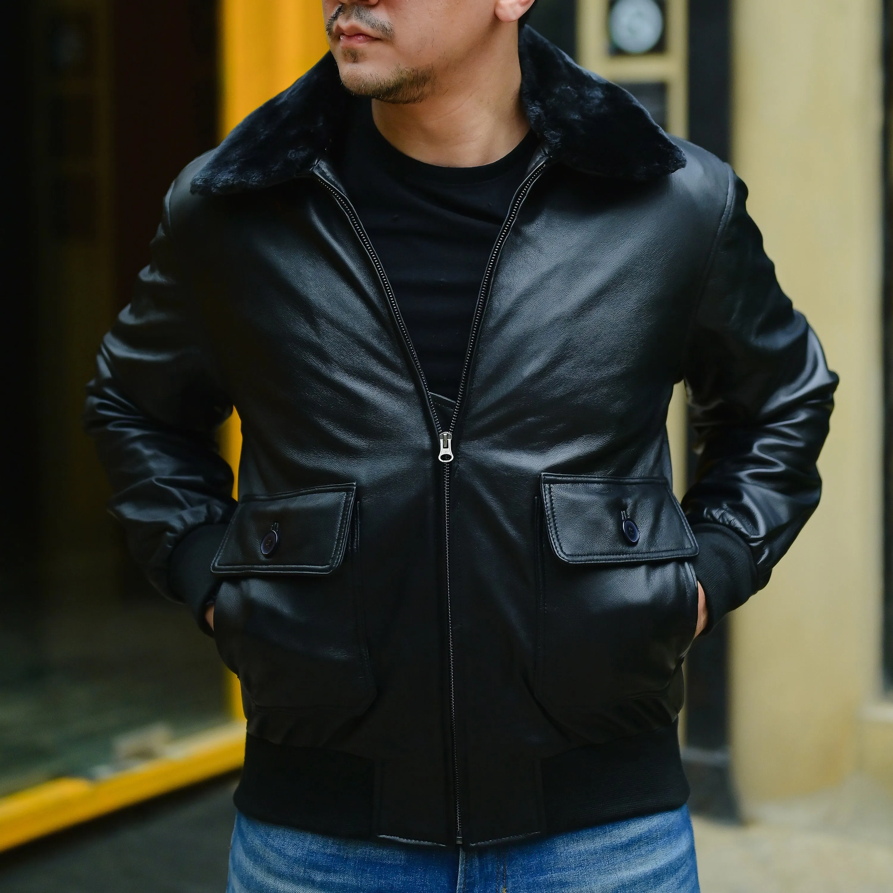 Navy G-1 Real Leather Bomber Jacket Men with Removable Fur Collar