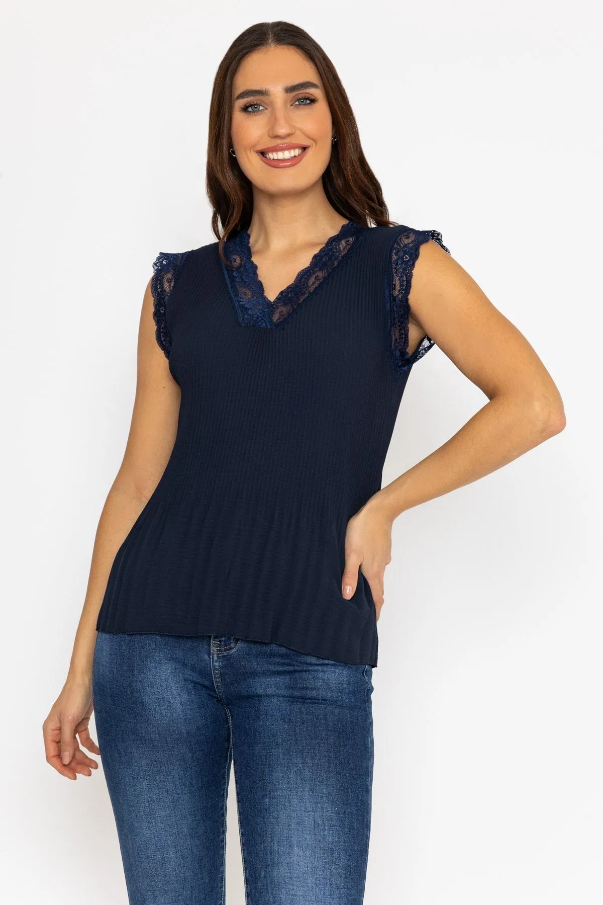 Navy Sleeveless Lace Trim Pleat Top