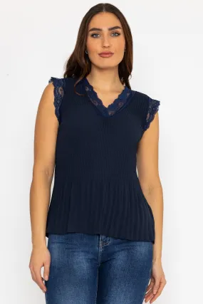 Navy Sleeveless Lace Trim Pleat Top