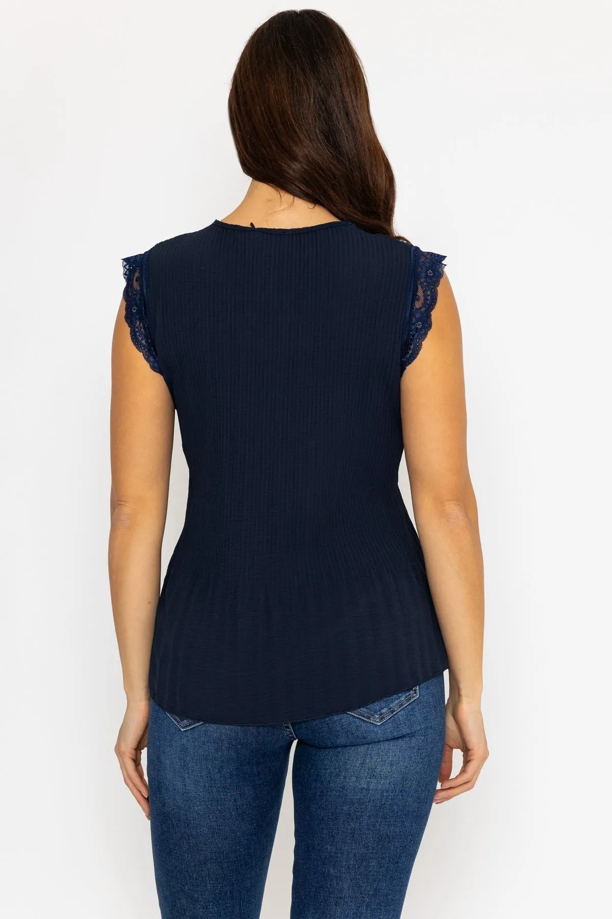 Navy Sleeveless Lace Trim Pleat Top