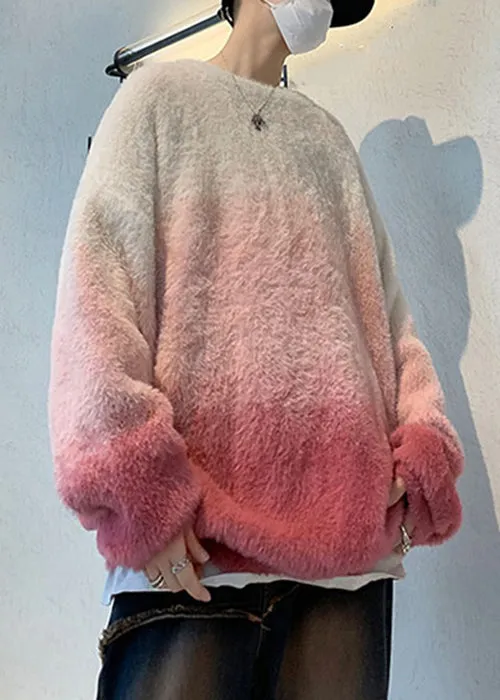 New Pink Gradient Color Thick Mink Hair Knitted Mens Sweaters Fal QH040