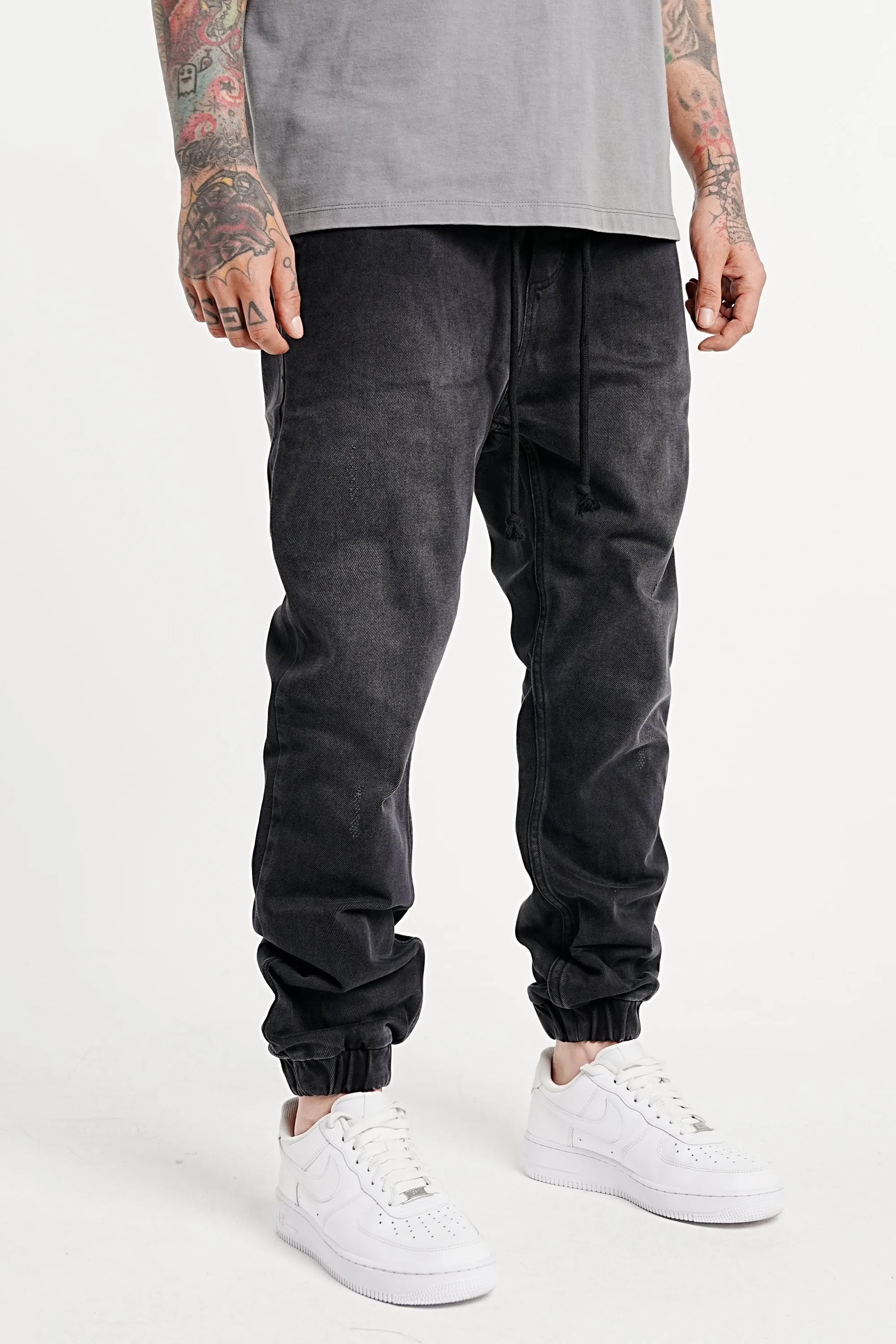 Premium Elasticated Denim Jogger Pants - Black