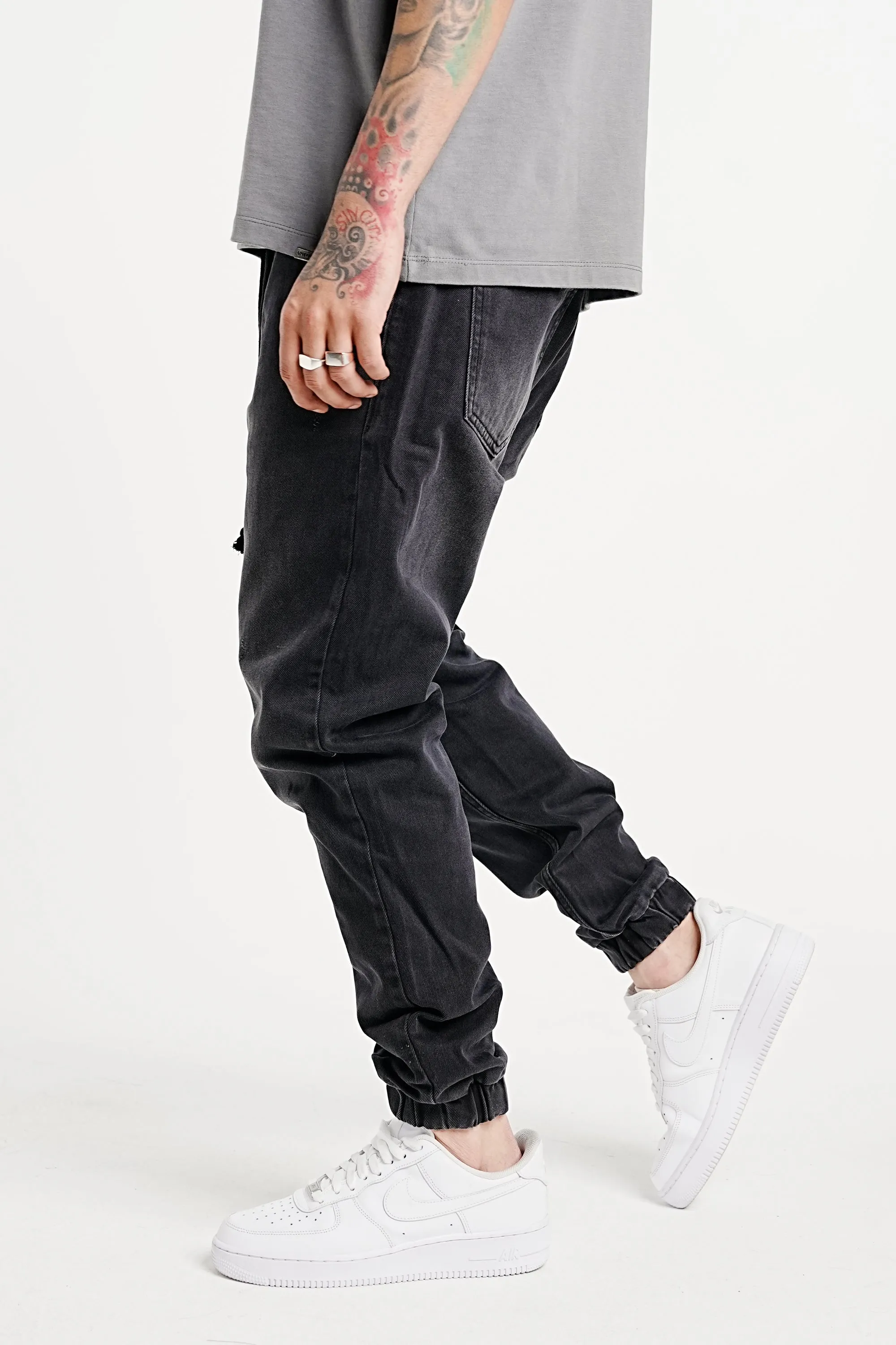 Premium Elasticated Denim Jogger Pants - Black