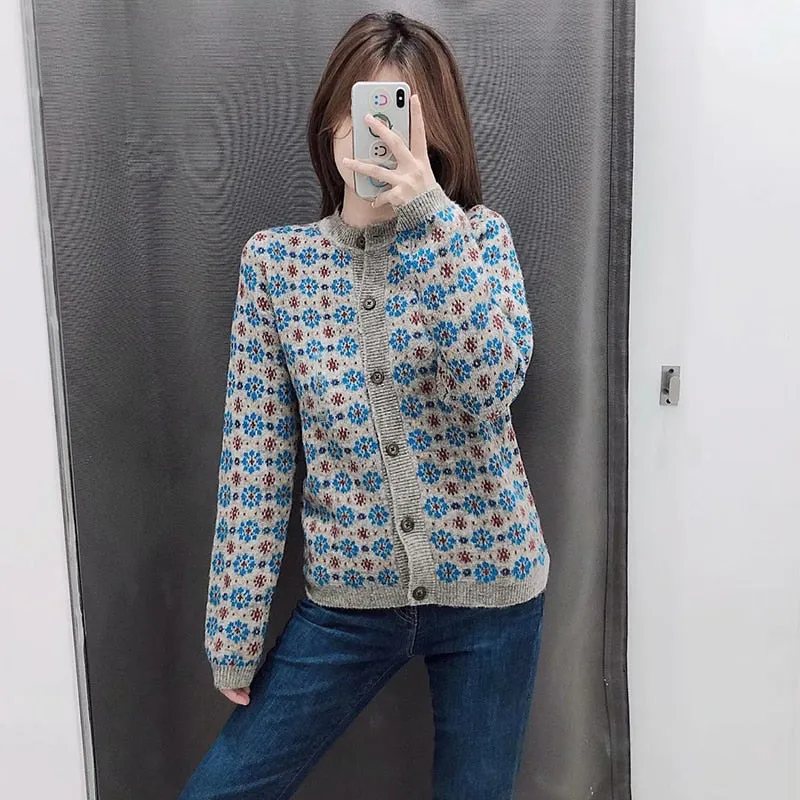 Print Knitted Sweater Women Long Sleeve Cardigan