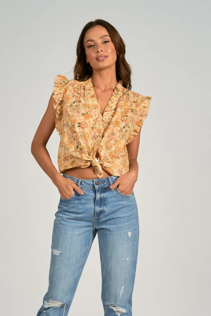 Printed Sleeveless Ruffle Edge Top