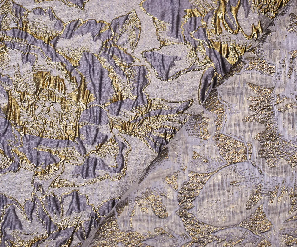 Purple-Gold Poly Blend Metallic Abstract Floral Matelasse Jacquard Brocade Fabric