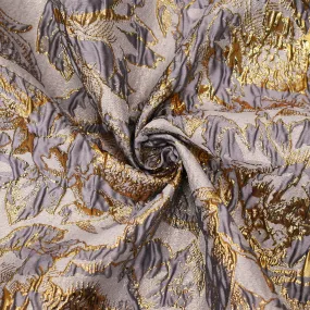 Purple-Gold Poly Blend Metallic Abstract Floral Matelasse Jacquard Brocade Fabric