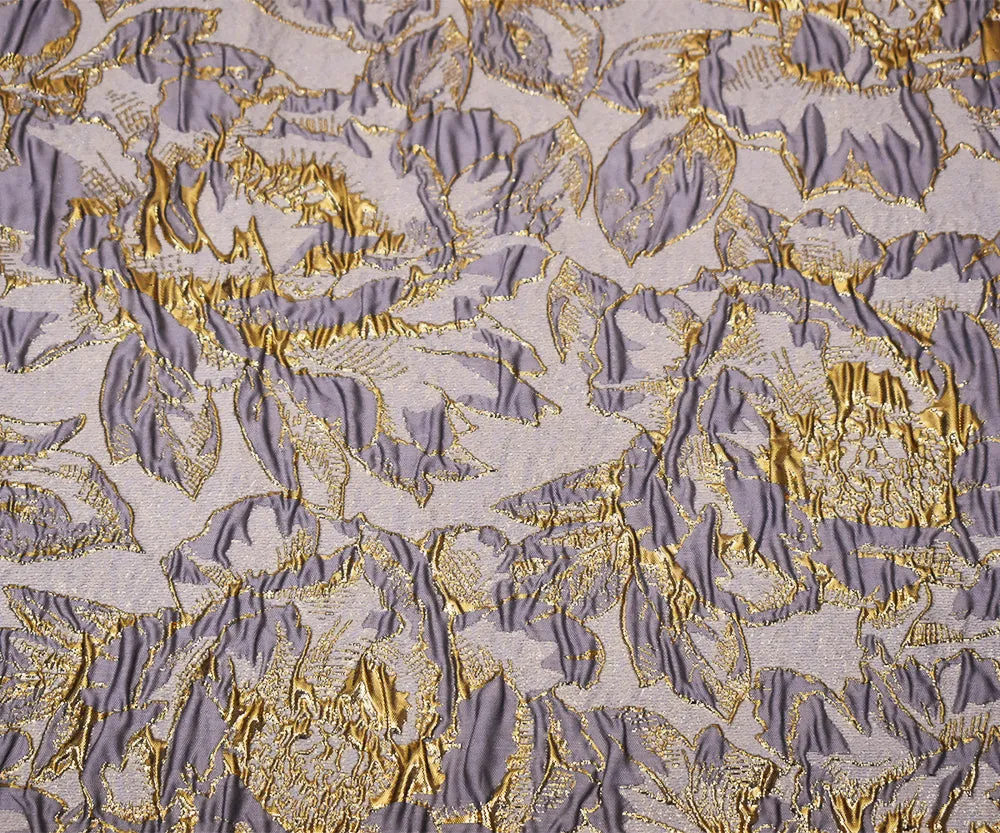 Purple-Gold Poly Blend Metallic Abstract Floral Matelasse Jacquard Brocade Fabric