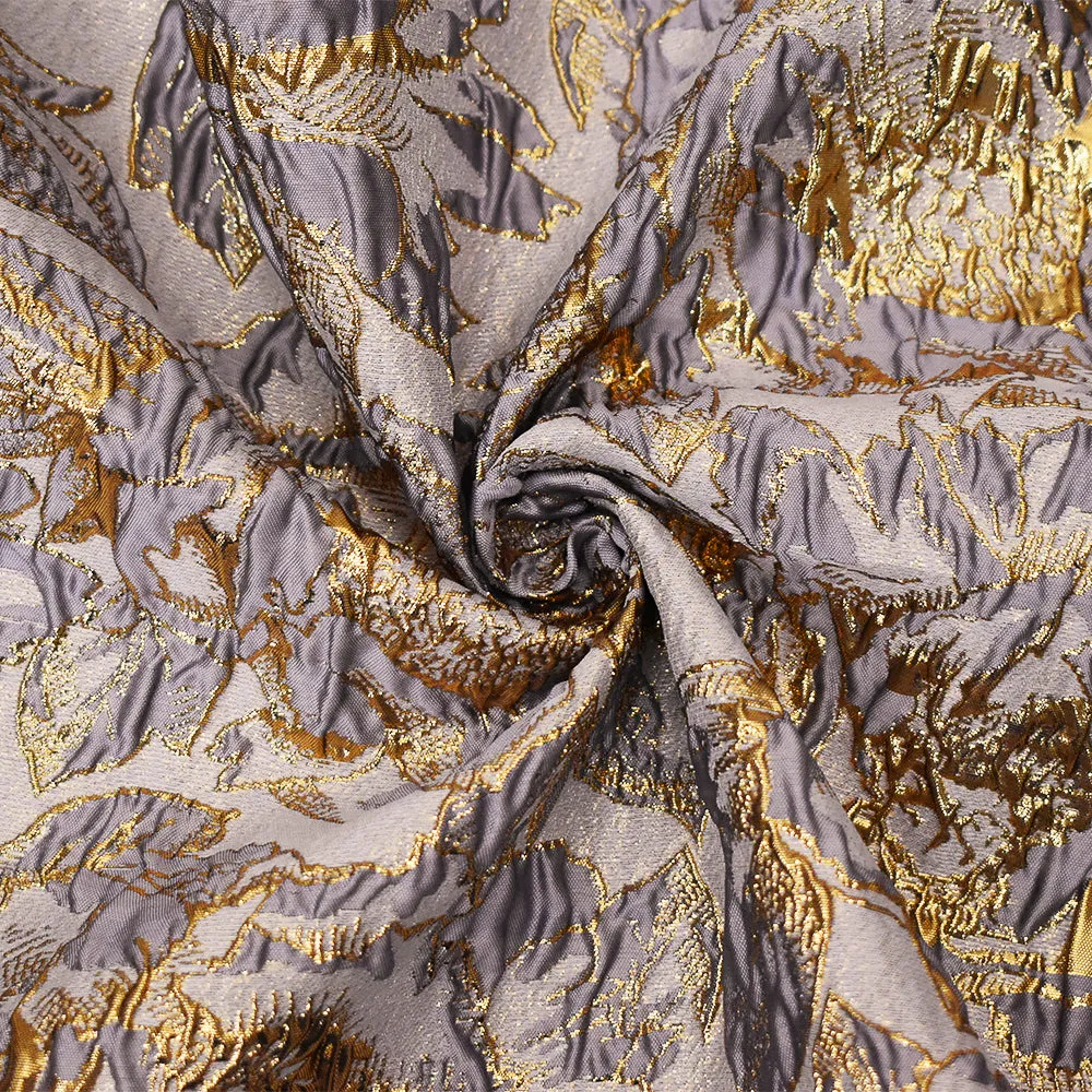 Purple-Gold Poly Blend Metallic Abstract Floral Matelasse Jacquard Brocade Fabric