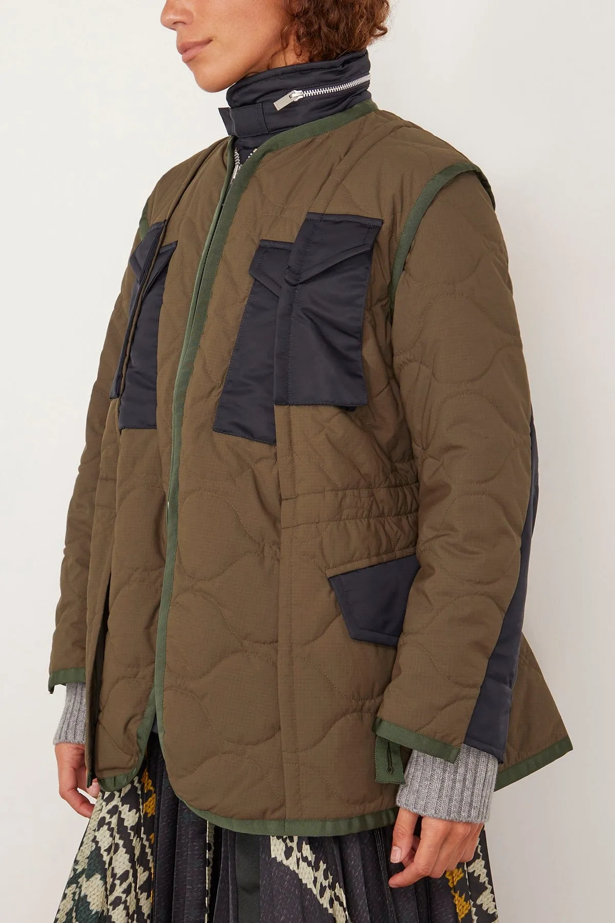 Rip Stop Quilted Coat in Khaki/Dark Navy