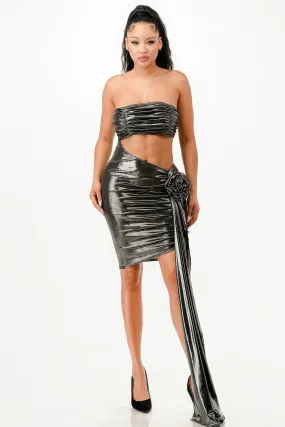 Sexy Silver Metallic Strapless Waist Cutout Party Mini Dress