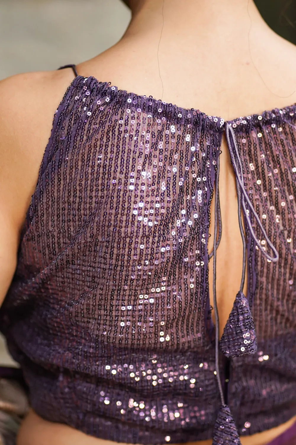 Stylish Amethyst Gathered Neck Blouse with self tone sequins and sheer yoke