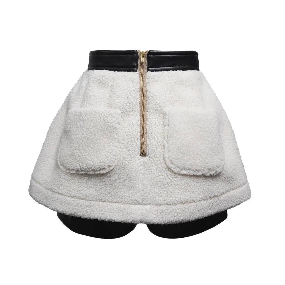 Vegan Leather Shearling Skort