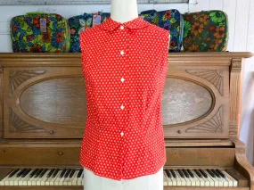 Vintage 50s | Red Pintuck Cotton Button Down Collared Sleeveless Blouse Top | S