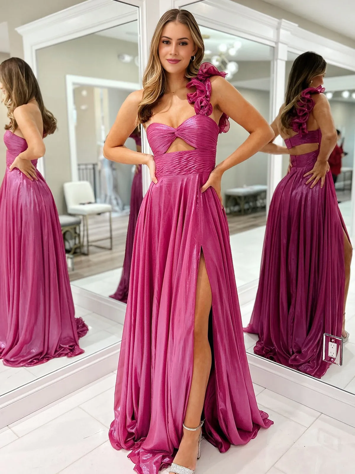 Wallis | A-Line Fuchsia One Shoulder Keyhole Pleated Metallic Prom Dress with Slit