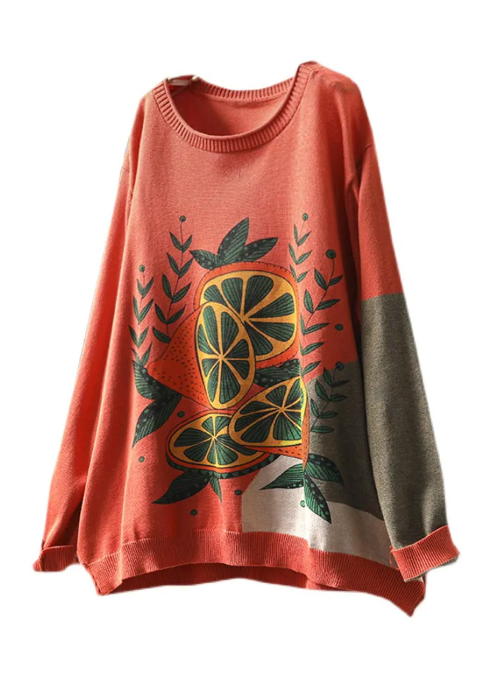 Women Rust O-Neck Print Knitted Cotton Thread Sweaters Fall HA1020