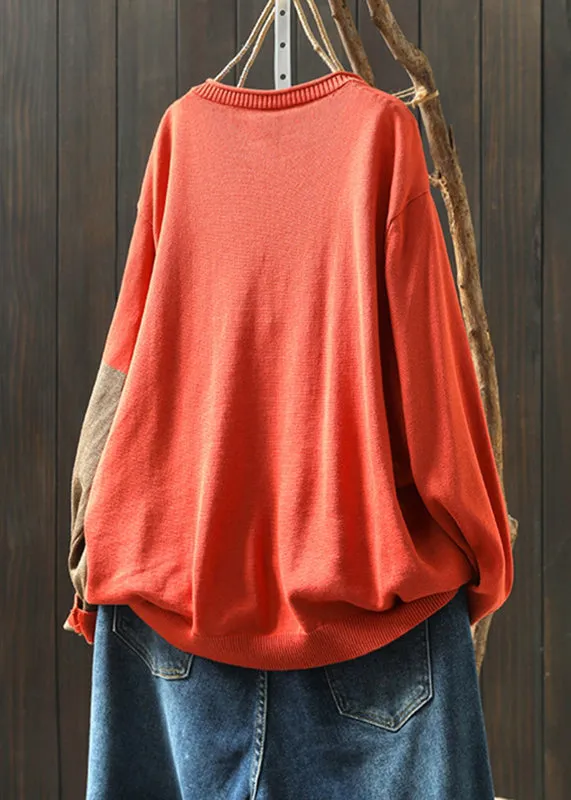 Women Rust O-Neck Print Knitted Cotton Thread Sweaters Fall HA1020