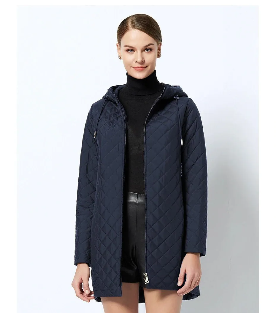 Women's Spring Warm Hooded Quilted Coat With Stand-Up Collar