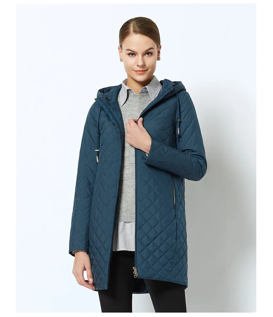 Women's Spring Warm Hooded Quilted Coat With Stand-Up Collar