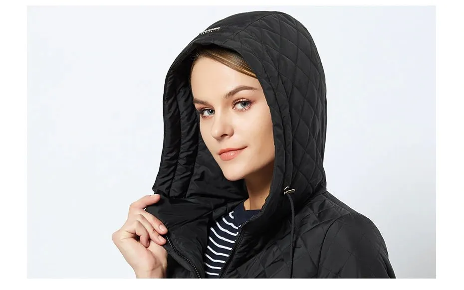 Women's Spring Warm Hooded Quilted Coat With Stand-Up Collar