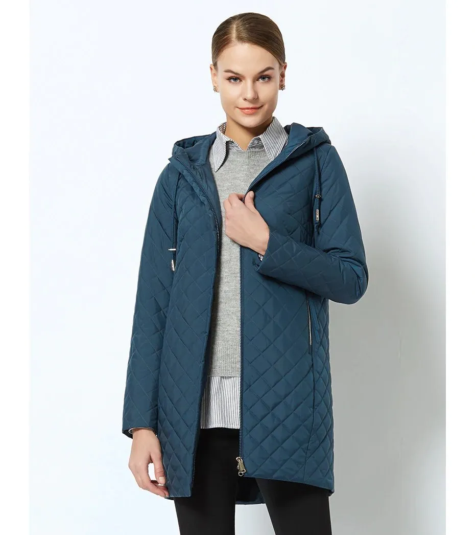 Women's Spring Warm Hooded Quilted Coat With Stand-Up Collar