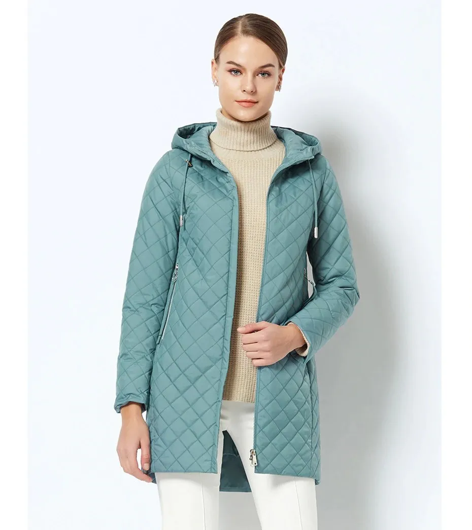 Women's Spring Warm Hooded Quilted Coat With Stand-Up Collar