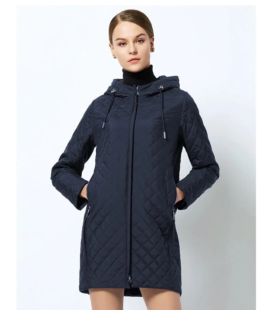 Women's Spring Warm Hooded Quilted Coat With Stand-Up Collar